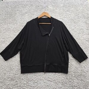 Eileen Fisher Jacket Womens Large Black Asymmetrical Zipper 1/3‎ Sleeve Stretch
